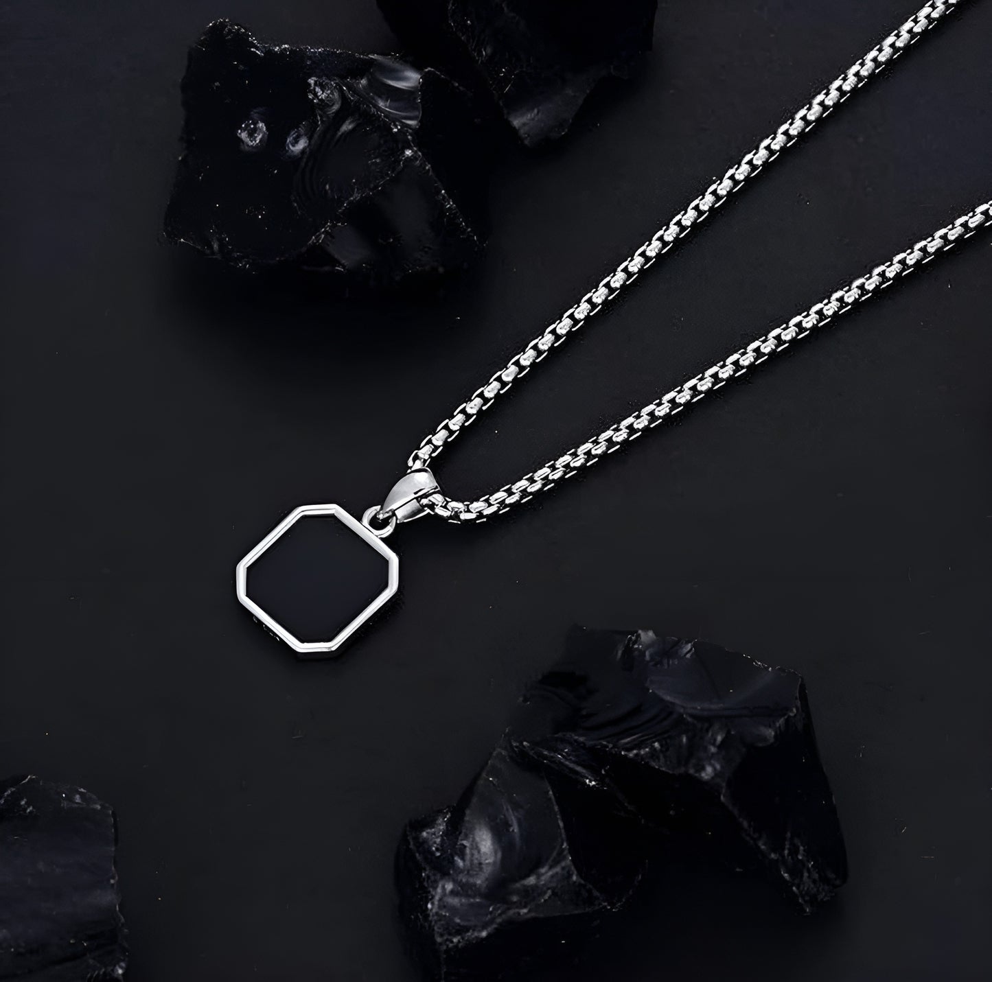 Men’s Silver Chain with Black Octagon Pendant Chain