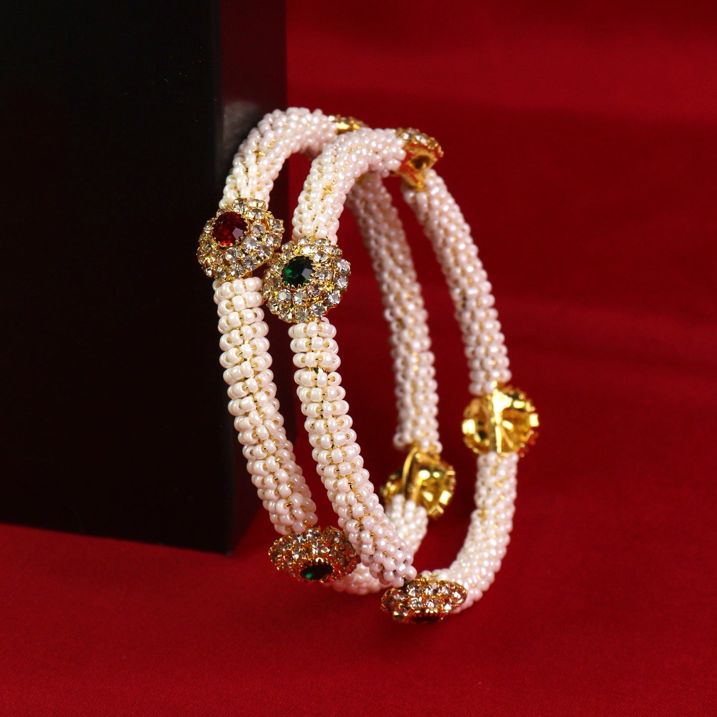 PEARL studded gold bangle woith colorful stone highlights for womens and girls set of 2