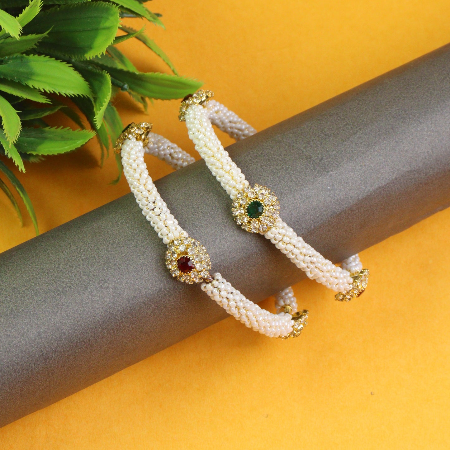 PEARL studded gold bangle woith colorful stone highlights for womens and girls set of 2