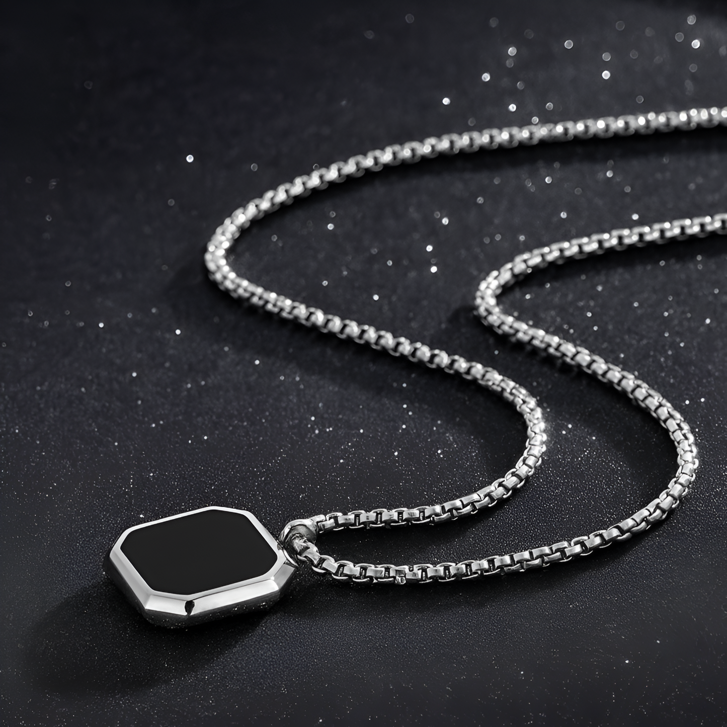 Men’s Silver Chain with Black Octagon Pendant Chain